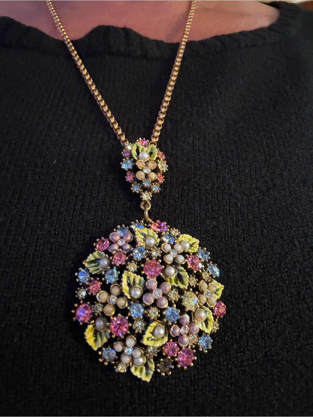 Vintage ART Mode Rhinestone Floral Necklace Faux Pearl Enamel 1950s 60s